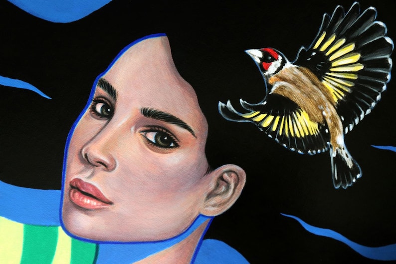 May include: A painting featuring a portrait of a person with dark hair against a black background, accompanied by a flying goldfinch with yellow and black wings, a red face, and a white beak, accented by abstract blue and green shapes.