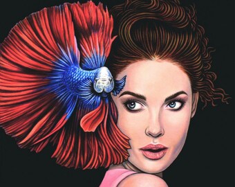 Original Hand Painted, Acrylic on Canvas, Female Portrait, Betta Fish, Surrealism, "You Are Always by My Side"