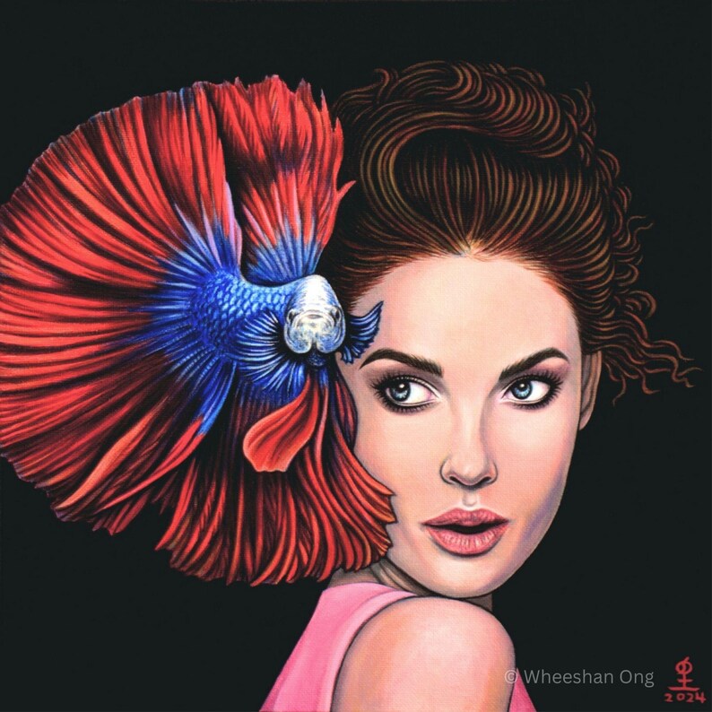 May include: A colorful illustration of a person with brown hair and blue eyes, positioned next to a vibrant red and blue betta fish with long, flowing fins. The artwork features a solid black background and includes the text Wheeshan Ong 2024.