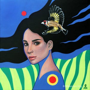 Origineel handgeschilderd, acryl op canvas, vrouwelijk portret, vogel, distelvink, kunst aan de muur, surrealisme, "Homecomming"