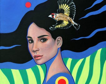 Original Hand Painted, Acrylic on Canvas, Female Portrait, Bird, Goldfinch, Wall Art, Surrealism, "Homecomming"