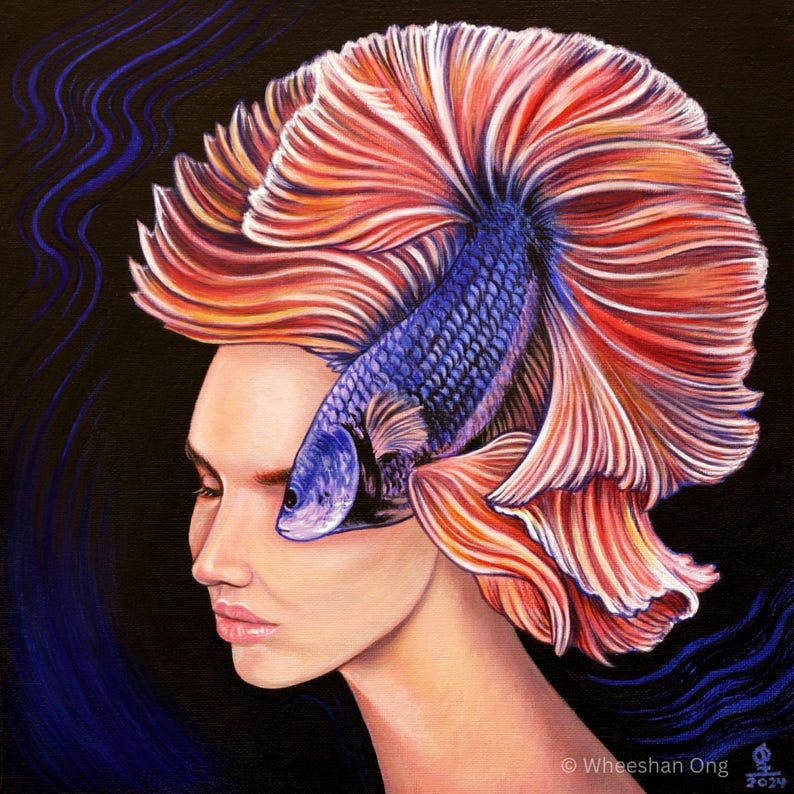 May include: A surreal painting on a black background featuring a profile view of a person with a large, vibrant betta fish replacing their hair. The fish has deep blue scales and flowing, translucent orange and pink fins. Text reads: &copy; Wheeshan Ong 2024.