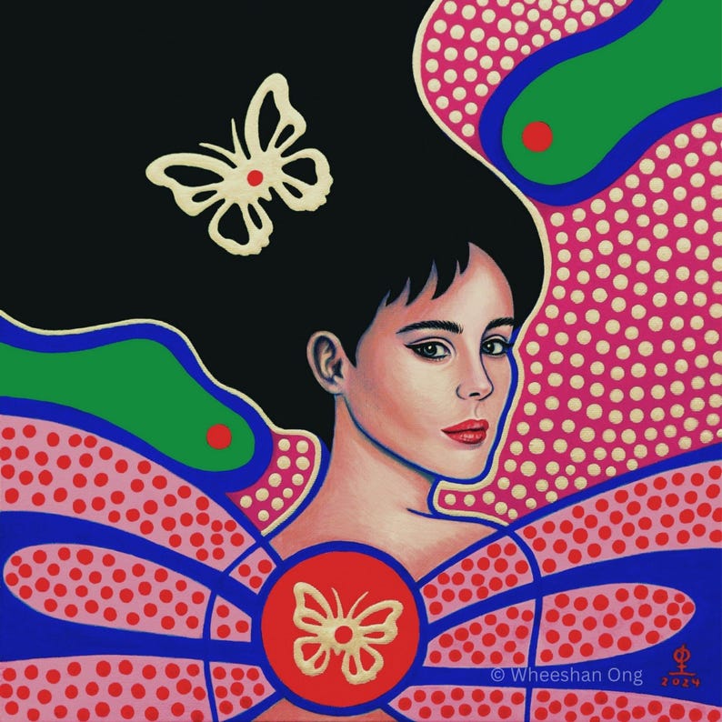 May include: A colorful painting featuring a portrait of a person with dark hair, accented by a white butterfly. The background displays a vibrant pattern of pink dots, blue lines, and green shapes. A red circle contains a white butterfly, with text Wheeshan Ong 2024.