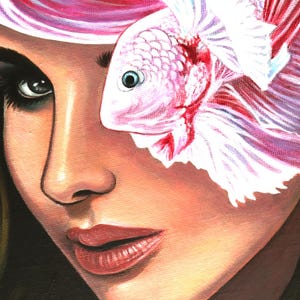 May include: An oil painting on canvas depicting a close-up of a face with dark hair. A pink and white betta fish is positioned over the right eye, with its flowing fins extending upward and outward, blending into the subject's hair.