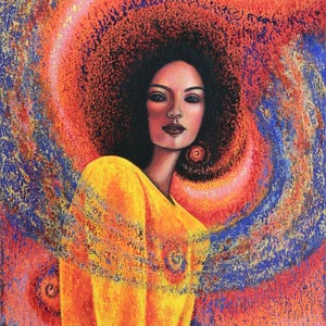 May include: An original painting of a woman with dark curly hair and a yellow dress. The background features a swirling pattern of orange, red, and blue hues. The woman's face is centered, with a direct gaze.