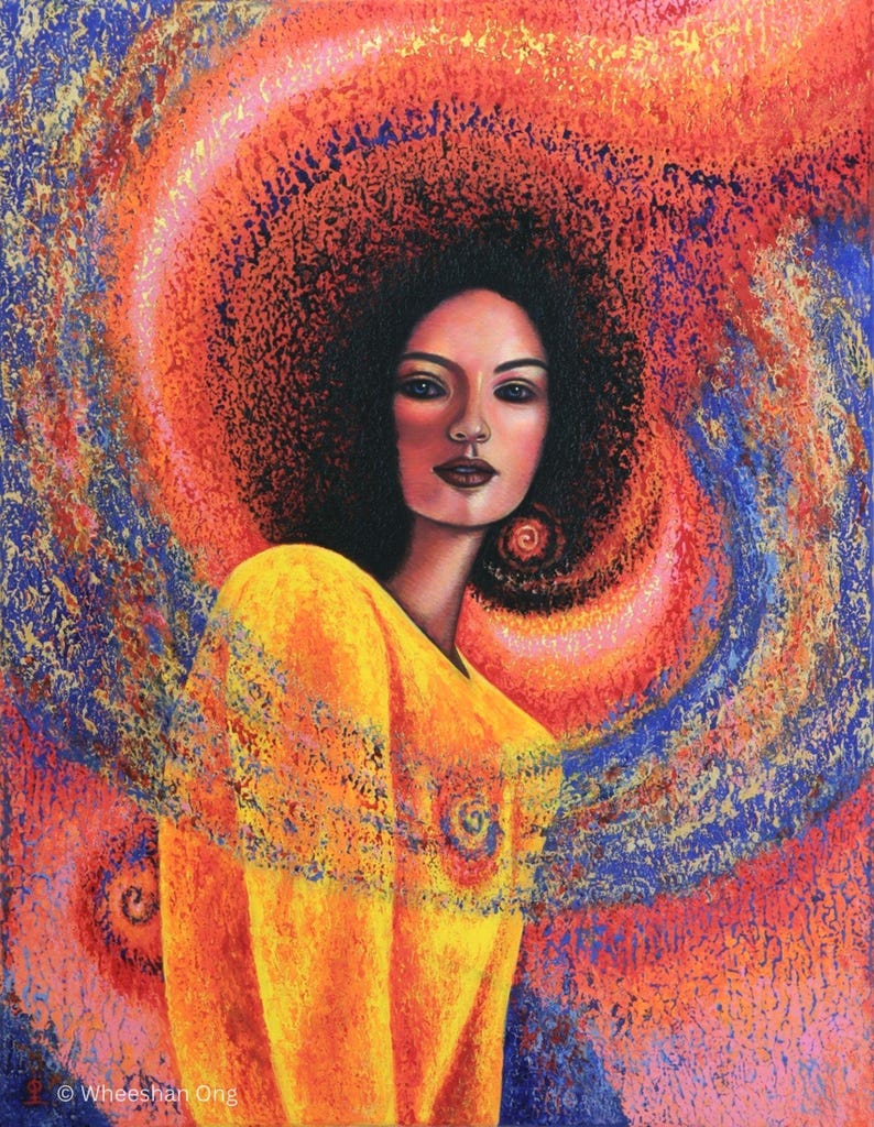 May include: An original painting of a woman with dark curly hair and a yellow dress. The background features a swirling pattern of orange, red, and blue hues. The woman's face is centered, with a direct gaze.
