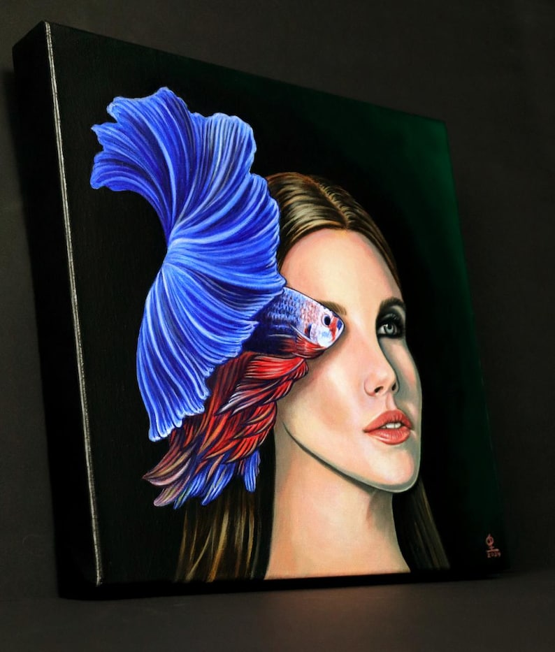 Retrato femenino original pintado a mano, acrílico sobre lienzo, pez betta, arte mural, surrealismo, "Alpha y Betta". imagen 2
