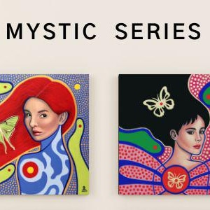 May include: Four square wall art prints titled MYSTIC SERIES. Each print features a portrait of a person with stylized hair and nature elements including a bird, a moth, butterflies, and a small bird, rendered in vibrant blue, red, green, and black.