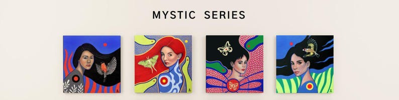 May include: Four square wall art prints titled MYSTIC SERIES. Each print features a portrait of a person with stylized hair and nature elements including a bird, a moth, butterflies, and a small bird, rendered in vibrant blue, red, green, and black.
