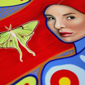 Original handmålad, akryl på duk, kvinnligt porträtt, Luna Moth, väggkonst, surrealism, "Lunar" bild 4