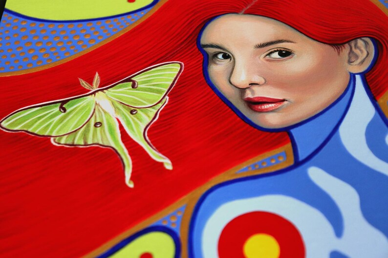 Original handmålad, akryl på duk, kvinnligt porträtt, Luna Moth, väggkonst, surrealism, "Lunar" bild 4