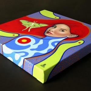 Original handmålad, akryl på duk, kvinnligt porträtt, Luna Moth, väggkonst, surrealism, "Lunar" bild 3