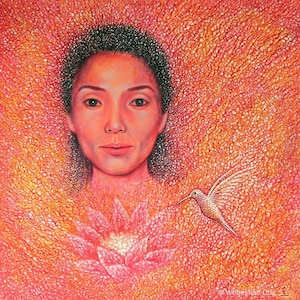 Ritratto femminile originale dipinto a mano, acrilico su tela, colibrì, texture a impasto, opera d'arte da parete, astratto, surrealismo, "trascendenza"