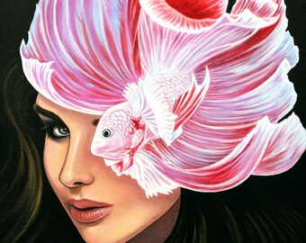 Original Hand Painted, Acrylic on Canvas, Female Portrait, Betta Fish, Wall Art, Surrealism, "We Were Born to Bloom"