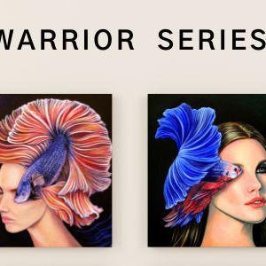 May include: Four square canvas prints titled WARRIOR SERIES, each depicting a person with a vibrant betta fish integrated into their hairstyle. The fish feature flowing fins in red, blue, and pink, contrasting against dark, solid backgrounds.