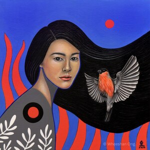 Origineel handgeschilderd, acryl op canvas, vrouwelijk portret, vogel, goudvink, kunst aan de muur, surrealisme, "Liefde zal de weg vinden"