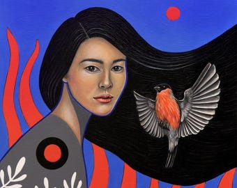 Original Hand Painted, Acrylic on Canvas, Female Portrait, Bird, Bullfinch, Wall Art, Surrealism, "Love Will Find the Way"