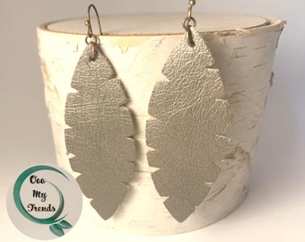 Leaf Earrings, Faux leather earrings, Metallic Earrings, Silver Earrings, Dangle, Lightweight