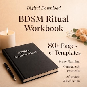 May include: A black BDSM Ritual Workbook with the title printed in white. The image includes a lit candle, a pen, and text that reads "80+ Pages of Templates" and "Scene Planning, Contracts & Protocols, Aftercare & Reflection."