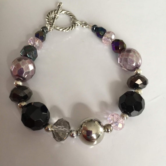 Glass Bead Bracelet Stainless Steel Toggle Clasp Handmade Multi Coloured and Shaped Beads Silver Tone Spacer Black Silver Purple Iridescent