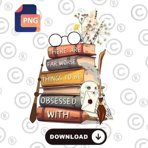 Puede incluir: Imagen de una pila de libros con las palabras "THERE ARE", "FAR WORSE", "THINGS TO BE" y "OBSESSED WITH" impresas en los lomos. La imagen incluye un búho de dibujos animados sosteniendo una carta, gafas, una varita y una escoba. Un icono de archivo PNG está en la esquina superior izquierda.