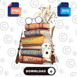 Puede incluir: Ilustración de una pila de libros con el texto "THERE ARE FAR WORSE THINGS TO BE OBSESSED WITH". La imagen incluye gafas, una varita, una escoba y un búho blanco sosteniendo una carta. Iconos de archivos PNG y SVG.