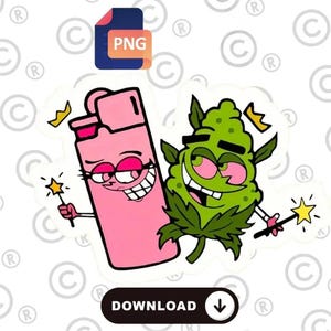 Puede incluir: Una pegatina de dibujos animados con un encendedor rosa y un cogollo de cannabis verde, ambos con caras sonrientes y sosteniendo varitas. El encendedor tiene una corona y el cogollo de cannabis tiene una corona. La palabra "DOWNLOAD" está en la parte inferior.