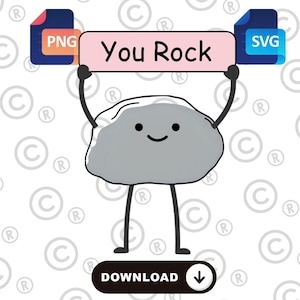 May include: A cartoon illustration of a gray rock character holding a pink sign that reads "You Rock." The image includes PNG and SVG file icons, and a download button. The background has a repeating pattern of the letter "C" and the letter "R".
