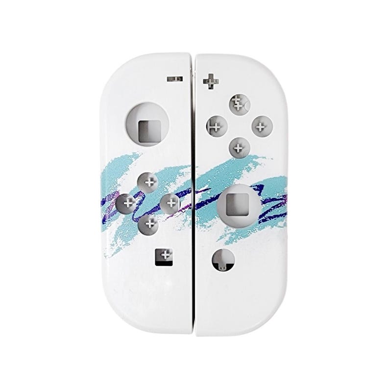 Puede incluir: Mandos Joy-Con blancos para Nintendo Switch con un dise&ntilde;o abstracto azul y blanco. El dise&ntilde;o se asemeja a una tendencia de moda popular de los a&ntilde;os 90.