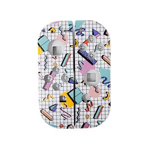 May include: A white Nintendo Switch console skin with a retro 80s geometric pattern in pink, blue, yellow, and green. The skin features a grid pattern, zigzags, and various shapes.