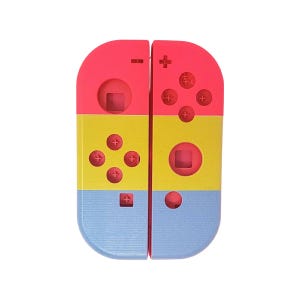 Può includere: Un paio di controller Nintendo Switch Joy-Con rosa, giallo e blu. I controller sono separati e mostrano la parte anteriore di ciascun controller.