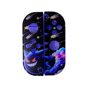 May include: A black and purple Nintendo Switch game console skin featuring a Gengar Pokemon character with a starry night sky background.
