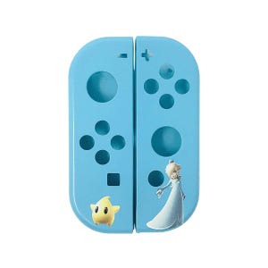 May include: A light blue Nintendo Switch game console case with a white and yellow star character and a white character with a blue dress on the right side.
