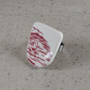 Anel floral de porcelana quebrada, Anel de cerâmica vermelha e branca, Anel de porcelana chinesa reaproveitado, Joias de prato quebrado, Anel de cerâmica de praia
