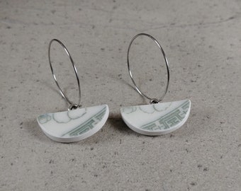 Broken china earrings, Antique Chinese jewelry, Broken plate jewelry, Beach pottery jewelry, porcelain earrings, Ceramic Loop earrings