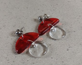 Red Fused glass earrings, Transparent glass earrings, Statement earrings, Geometrical earrings, Drop earrings, Recycled glass jewelry