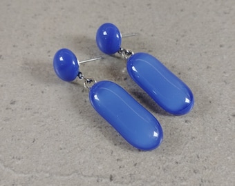 White fused glass earrings, Geometric stained glass earrings, Statement blue earrings, Dangle earrings, drop stud earrings
