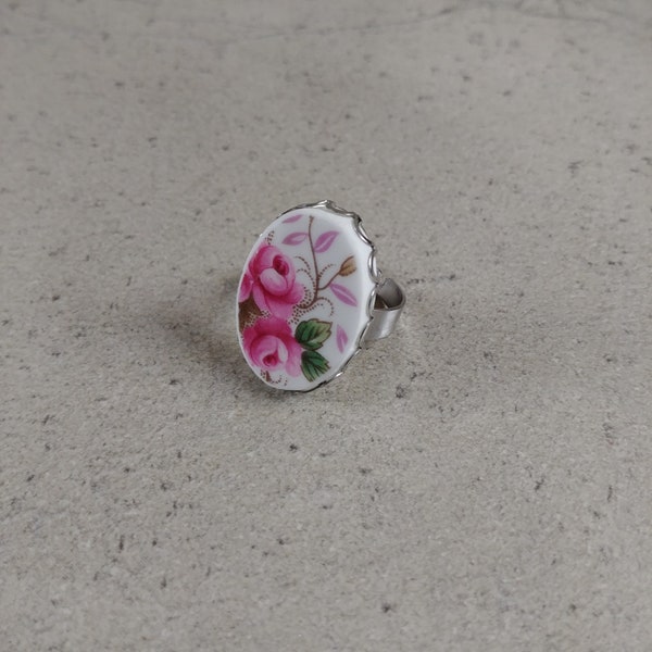 Broken china floral ring, Chinese porcelain repurposed ring, Broken plate jewelry, Beach Pottery ring