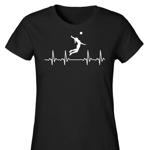 May include: Black t-shirt with a white silhouette of a volleyball player spiking the ball, with a white heartbeat line below.