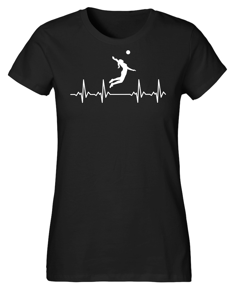 May include: Black t-shirt with a white silhouette of a volleyball player spiking the ball, with a white heartbeat line below.