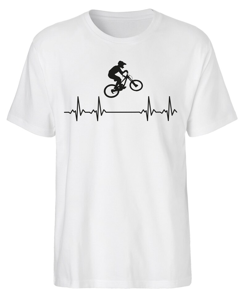 May include: White t-shirt featuring a black silhouette of a person riding a mountain bike and a heartbeat graphic.