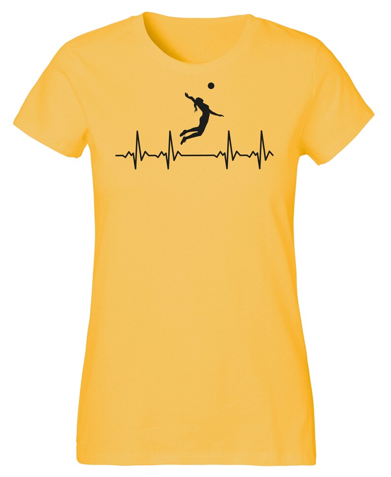 May include: Yellow t-shirt with a black silhouette of a volleyball player spiking a ball, with a black heartbeat line below.