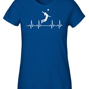 May include: A royal blue t-shirt with a white silhouette of a volleyball player spiking a ball, with a white heartbeat line below.