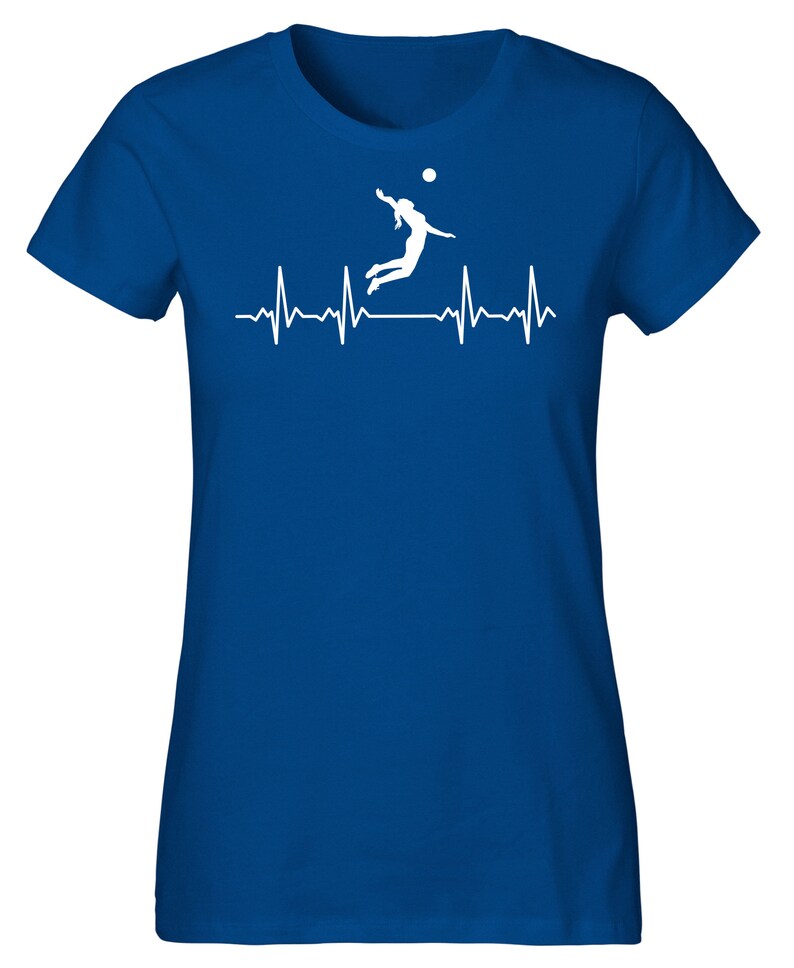 May include: A royal blue t-shirt with a white silhouette of a volleyball player spiking a ball, with a white heartbeat line below.