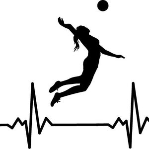 May include: Black silhouette of a volleyball player spiking a ball with a heartbeat line below.