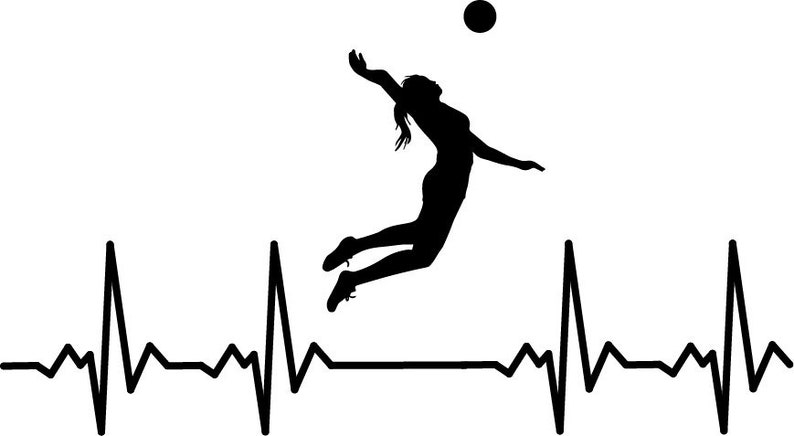 May include: Black silhouette of a volleyball player spiking a ball with a heartbeat line below.