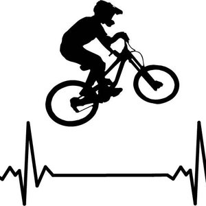May include: Silhouette of a person riding a mountain bike with a heart rate monitor graphic below. The person is wearing a helmet and is in mid-air, as if they are performing a trick.