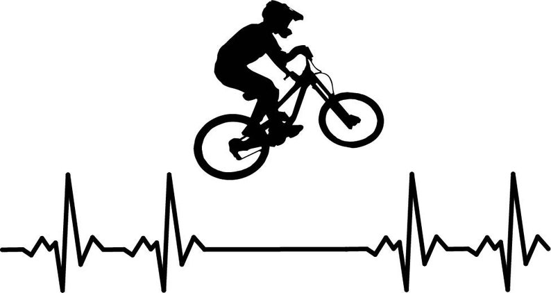 May include: Silhouette of a person riding a mountain bike with a heart rate monitor graphic below. The person is wearing a helmet and is in mid-air, as if they are performing a trick.