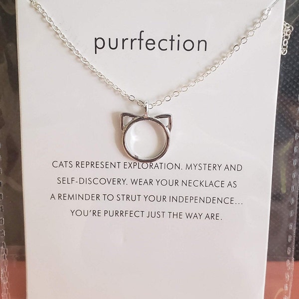 Cat Charm Outline Necklace Gold Silver Affordable Purrfection Minimalist Carded Gift