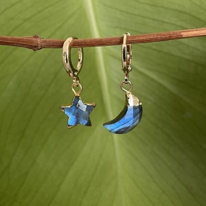 Star and Moon Earrings • Labradorite Stone • 14k Gold plated Earrings • Starry Gift • Celestial Lunar Mismatch set • Valentines Gift